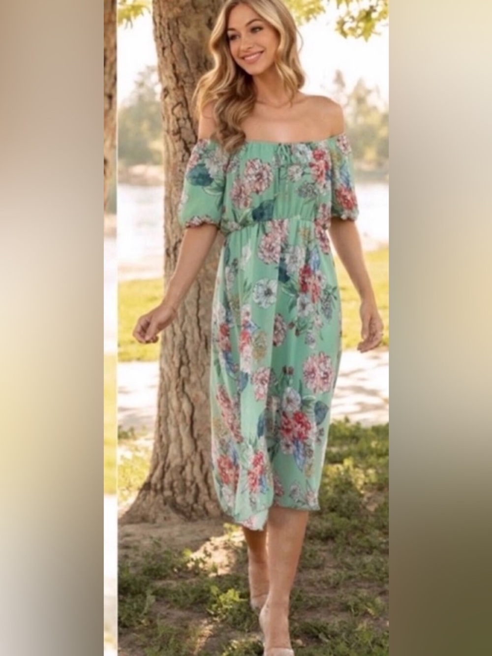 🌷New Sage Mint Floral Off The Shoulder Cute Spring Summer Midi Dress🌷